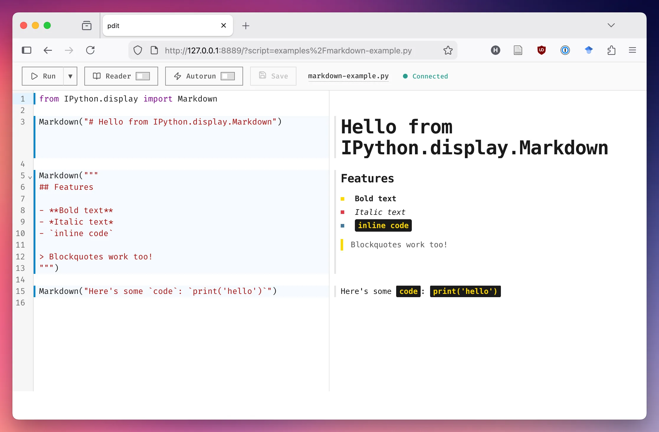 pdit showing IPython.display.Markdown rendering with formatted output
